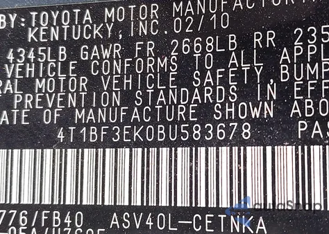 2011 Toyota Camry Le from USA, damaged, VIN 4T1BF3EK0BU583678